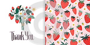 Thank You set with strawberry seamless pattern, background and wild berries bouquet, decorative greeting card