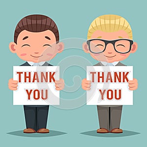 Thank you smiling blank promotion advert paper cute businessman mascot happy cartoon character design vector