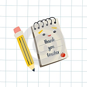 Thank you teacher greeting card for Teachers day. Cute vector design with stationery elements