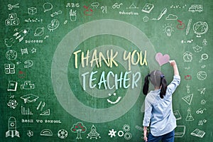 Thank You Teacher greeting for World teacher`s day concept with school student back view drawing doodle of of learning education