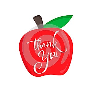 Thank you teacher vector card with an red apple. Happy Teacher`s Day calligraphy