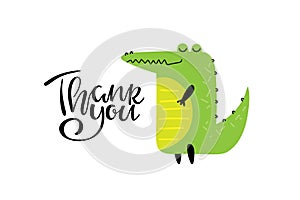 Thank You text and Cartoon crocodile. Cute cartoon character for Thank you day card. Good smiling crocodile. Handwritten