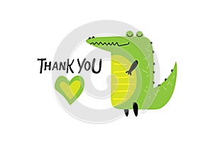 Thank You text with heart and Cartoon crocodile. Cute cartoon character for Thank you day card. Good smiling crocodile