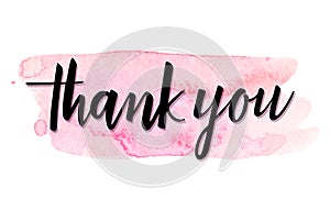 Thank you vector handwritten calligraphy over pink watercolor brush strokes background