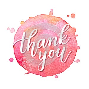 Thank you vector handwritten calligraphy over pink watercolor circle background