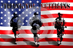 THANK YOU VETERANS on the background of the American flag with the soldiers photo