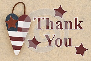 Thank you word message with retro USA stars and stripes flag wood heart
