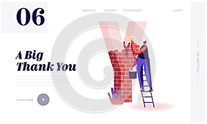 Thank You Word Spelling Website Landing Page. Woman Stand on Ladder Holding Bucket with Paint and Brush