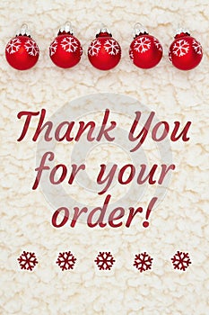 Thank you for your order message with red snowflakes ornaments on beige sherpa