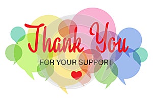 Thank you for your support lettering with message bubbles on a white background.