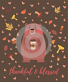 Thankful and blessed greeting card with bear