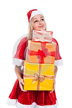 Thankful Christmas woman holding presents