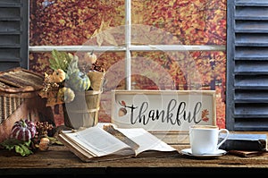 Thankful Sign, Book and Coffee Old Wood Tabletop