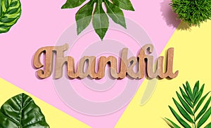 Thankful wooden text with tropical leaves