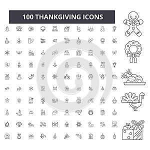 Thankgiving editable line icons, 100 vector set, collection. Thankgiving black outline illustrations, signs, symbols