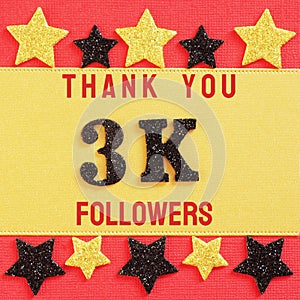 Thanks 3K, 3000 followers. message with black shiny numbers on red and gold background with black and golden shiny stars