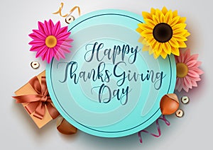 Thanks giving greeting in blue circle frame vector background template. Happy thanks giving day typography text.
