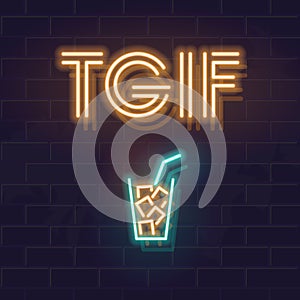 Thanks God It`s Friday! Neon TGIF typography with rum & cola cocktail. Square illustration for social networks, bar