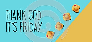 Thanks God it`s Friday - text on blue backgroubd and yellow ducks