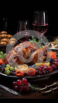 Thanksgiven dinner table with roasted Turkey and vegetables, Side view, AI Generative