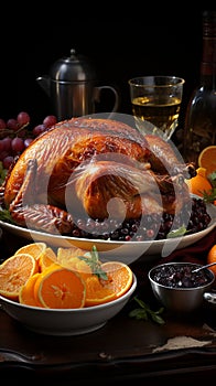 Thanksgiven dinner table with roasted Turkey and vegetables, Side view, AI Generative