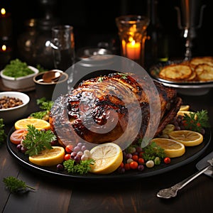 Thanksgiven dinner table with roasted Turkey and vegetables, Side view, AI Generative