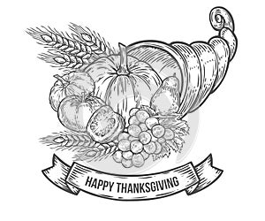 Thanksgiving autumn cornucopia festival badge. Monochrome vintage engraving