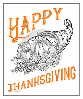 Thanksgiving autumn cornucopia festival poster, banner. Monochrome vintage engraving