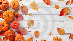 Thanksgiving and autumn decoration concept made from autumn leaves and pumpkins on a wooden background