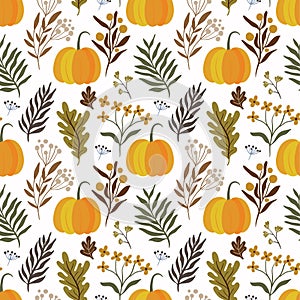 Thanksgiving Autumn decorative seamless pattern with pumpkins and botanicals