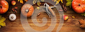 A Thanksgiving autumn harvest background of pumpkins, pears, leaves and corncobs