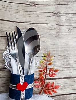 Thanksgiving autumn place setting with cutlery, autumn background, Autumn mood, Halloween, Holiday concept.Top View