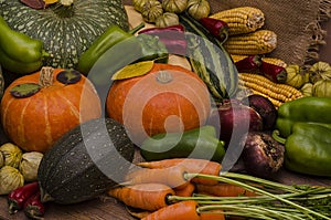 Thanksgiving autumn still life of vegetables on a dark wooden background . Harvest festival