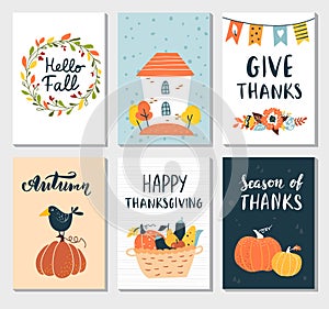Thanksgiving and autumn templates with cute house, pumpkins, and give thanks text.