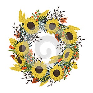 Thanksgiving autumn wreath with sunflowers, cotton flowers, pomegranate branches and leaves