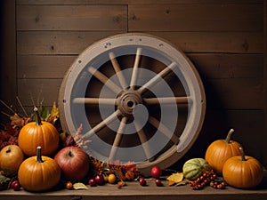 Thanksgiving autumnal still life with old wooden wheel.
