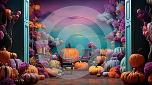 Thanksgiving backdrop. Fall sign pumpkins background showcasing studio setting. AI generated.