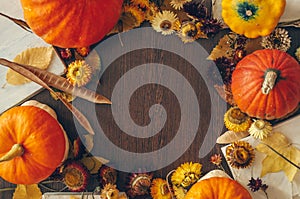 Thanksgiving background with autumn dried flowers, pumpkins and fall leaves on the old wooden background. Abundant harvest concept