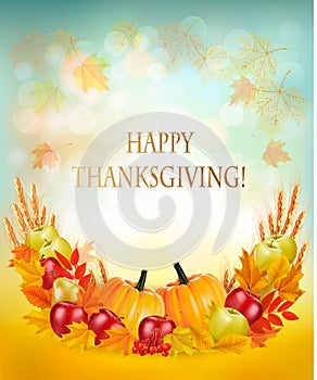 Thanksgiving background with autumn fruit and leaves.