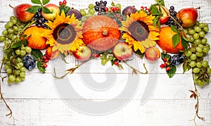 Thanksgiving background with autumn pumpkins, fruits