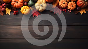 Thanksgiving background with copy space for text, top view on wood background, AI generated, generative AI