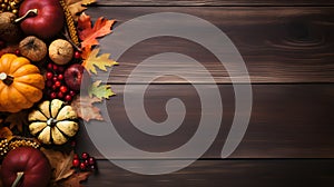 Thanksgiving background with copy space for text, top view on wood background, AI generated, generative AI