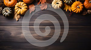Thanksgiving background with copy space for text, top view on wood background, AI generated, generative AI