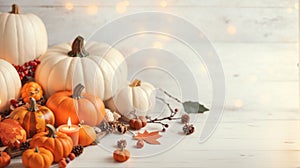 Thanksgiving background. Holiday scene. Wooden table, decorated with pumpkins