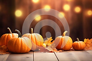Thanksgiving background. Pumpkin and dry leaves on rustic wooden table with light bokeh background. Autumn and fall background.