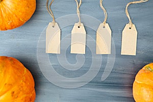 Thanksgiving background. Pumpkin with four tags on gray wood table background with copy space. Thanksgiving and