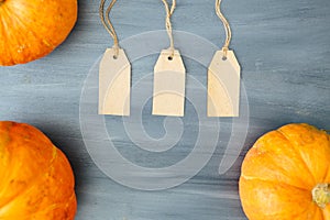 Thanksgiving background. Pumpkin with three tags on gray wood table background with copy space. Thanksgiving and