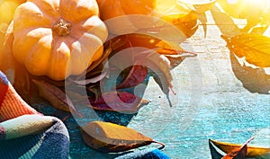 Thanksgiving background with Pumpkins, autumn leaves and warm blanket on wooden table