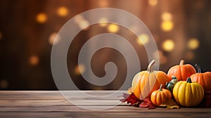 Thanksgiving background, Pumpkins and maple leaves on wood table over blur background with copy space for text, AI generated,