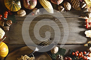 Thanksgiving background. Pumpkins and various autumn fruits. Frame with seasonal ingredients in Thanksgiving Day. Food frame